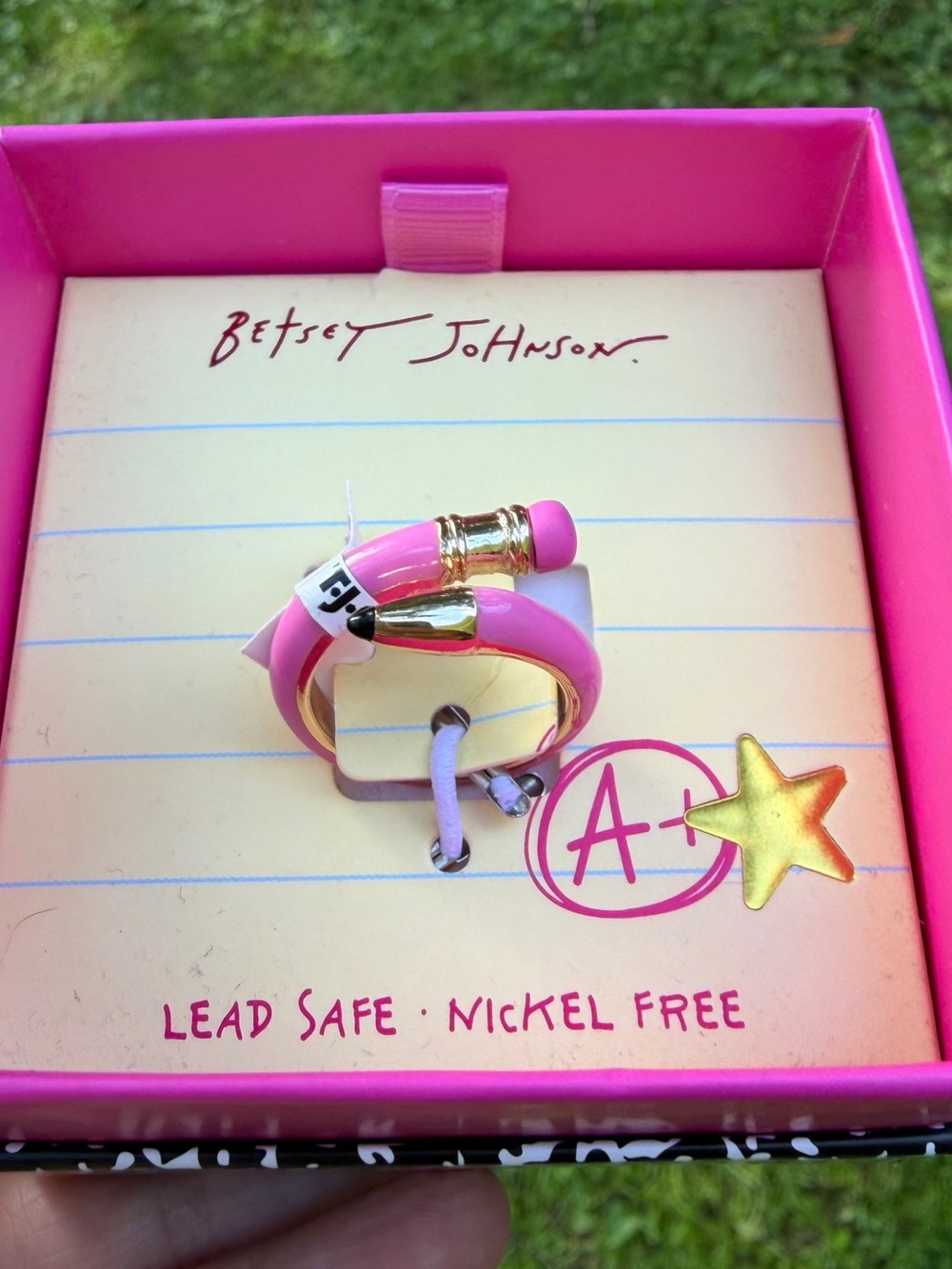 Adorable Betsey Johnson Pink Pencil & Eraser Adjustable Ring